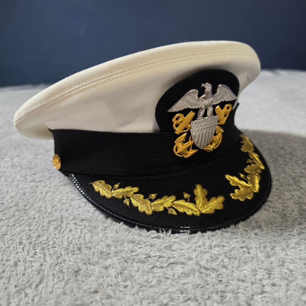 Bancroft Mens 7 1/8 Navy Officer Dress Hat White Gold Pak-Cap